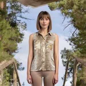 Very J Women's Gold Tan Animal Print Button Front Blouse S Beaded Rhinestone VG